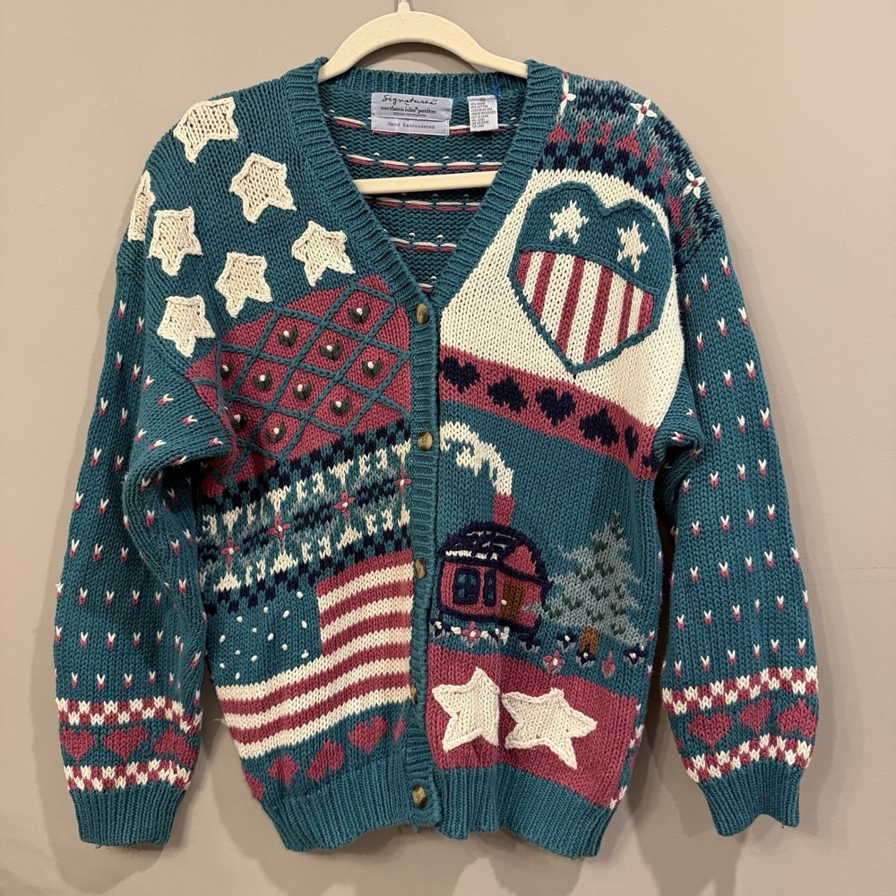 Vintage Northern Isles Americana Teal Cardigan heart Flag Birdseye PL